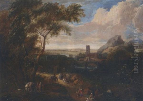 An Extensive Italianate Landscape With Travellers On A Path, A Village By A Bridge Beyond Oil Painting by Joseph Franz Faistenberger