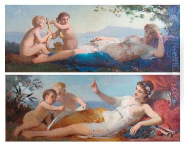 Cherubins Donnant La Serenade A Une Muse (2 Works) Oil Painting by Antoine Jean Etienne (Tony) Faivre