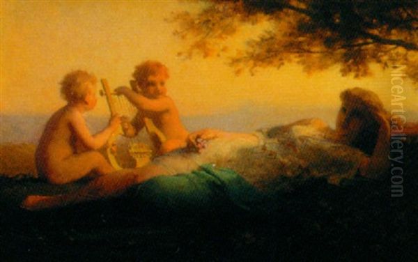 Putti Serenading A Reclining Maiden Oil Painting by Antoine Jean Etienne (Tony) Faivre