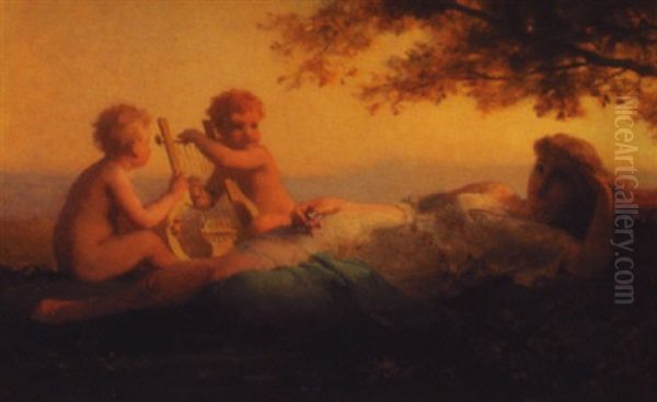 Putti Serenading Reclining Maiden Oil Painting by Antoine Jean Etienne (Tony) Faivre