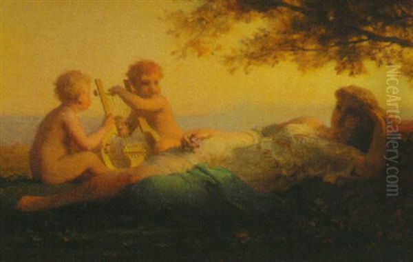 Putti Serenading Reclining Maiden Oil Painting by Antoine Jean Etienne (Tony) Faivre