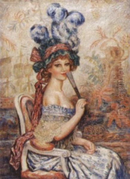 Sitzende Dame Mit Facher Oil Painting by Jules-Abel Faivre