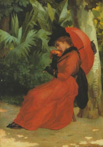 Jeune Femme En Robe Rouge Oil Painting by Louis Stanislas Faivre-Duffer