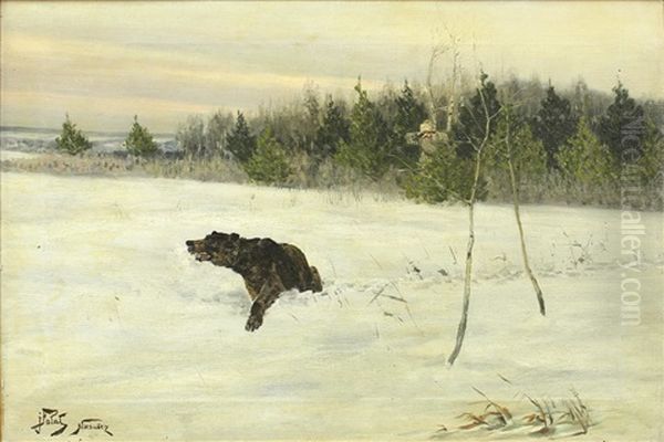 Hunting The Bear In The Snow Oil Painting by Julian Falat