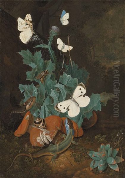 A Forest Floor With A Lizard, A Snake And A Snail Among Weeds Oil Painting by Johann Falch