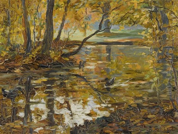 Herbstlicher Bach Mit Enten by Alberto Falchetti