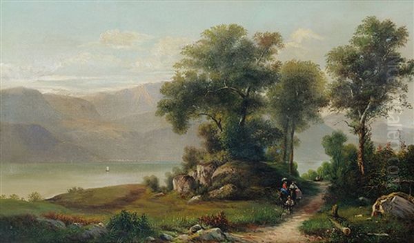 Paesaggio Sul Lago Con Viandanti Oil Painting by Giuseppe Falchetti