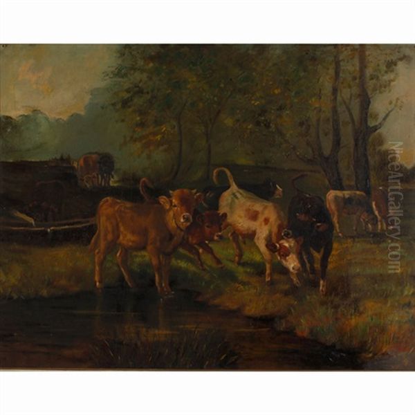 Watering Calfs Oil Painting by Giuseppe Falchetti