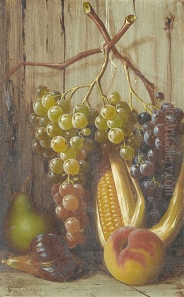 Still Life Of Fruit With Grapes, Corn And A Peach Oil Painting by Giuseppe Falchetti