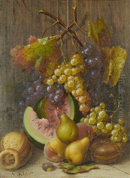 Still Life Of Fruit With Grapes, Watermelon And Pears Oil Painting by Giuseppe Falchetti