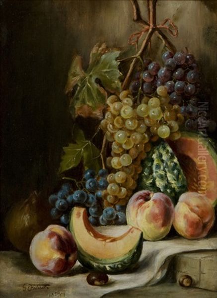 Natura Morta Con Uva, Zucca, Pesche E Castagne Su Di Un Piano Oil Painting by Giuseppe Falchetti