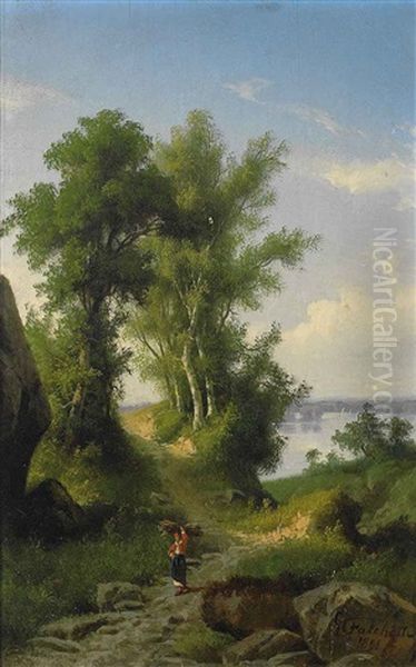 Sommerliche Seelandschaft Mit Holzleserin Oil Painting by Giuseppe Falchetti