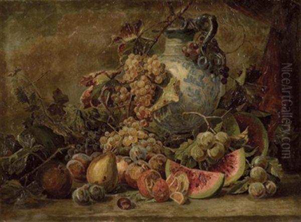 Fruchtestillleben Mit Groser Vase (after P.schodel) Oil Painting by Giuseppe Falchetti