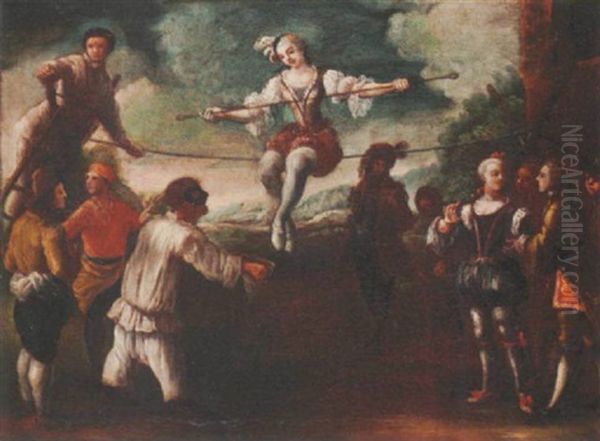 Acrobats Performing With A Tightrope With A Country Landscape Beyond Oil Painting by Filippo Falciatore