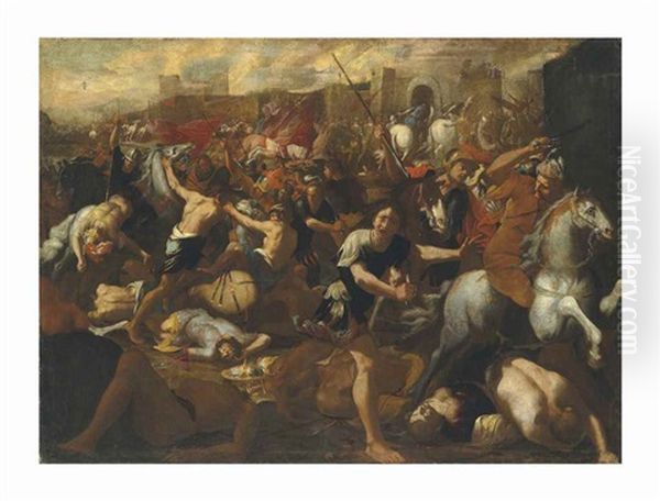 The Battle Between The Israelites And The Amalekites Overlooked By Moses, His Arms Held Aloft By Aaron And Hur Oil Painting by Aniello Falcone