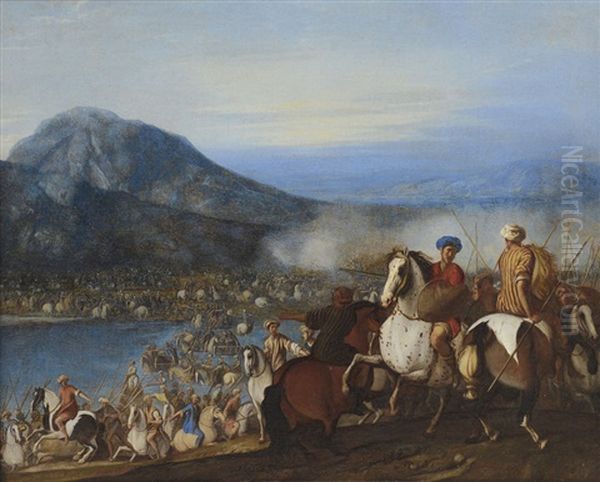 Cavalieri Che Guadano Un Fiume Oil Painting by Aniello Falcone