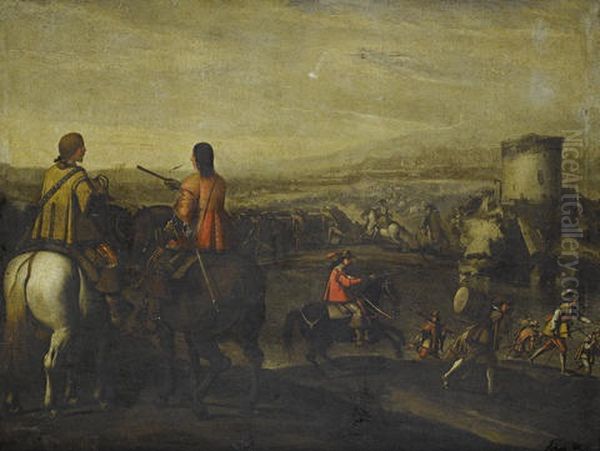 Mounted Officers With A Cavalry Skirmish In The Distance Oil Painting by Aniello Falcone