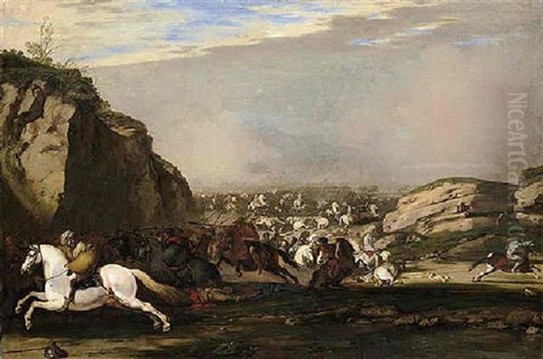 A Cavalry Engagement Between Turks And Christians Oil Painting by Aniello Falcone