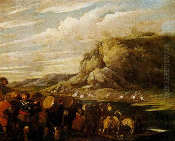 Scaramuccia Di Cavalieri In Un Paesaggio Montano Oil Painting by Aniello Falcone