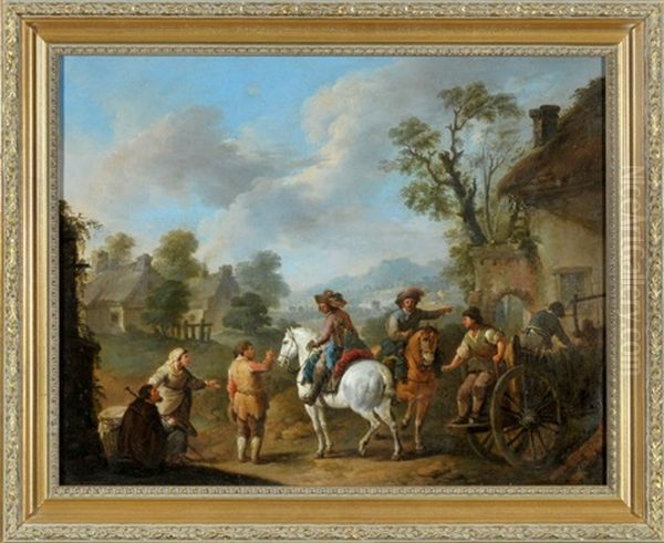 Edelmanner Zu Pferd Mit Handels- Und Bauersleuten Am Landhaus Oil Painting by Carel van Falens