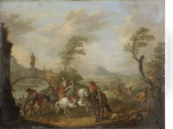 Figures On Horseback By A River, An Open Landscape Beyond Oil Painting by Carel van Falens