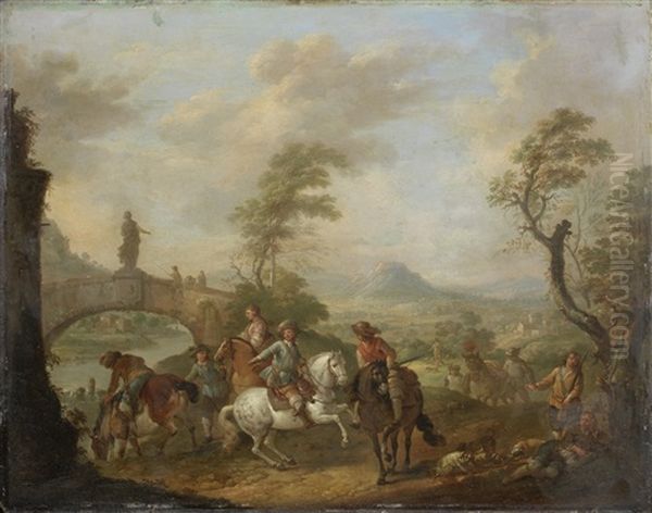 Figures On Horseback By A River, An Open Landscape Beyond Oil Painting by Carel van Falens