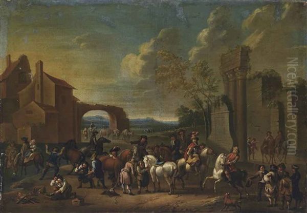 A Horse Fair Oil Painting by Carel van Falens