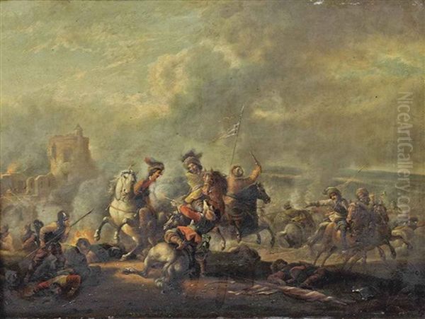 A Cavalry Skirmish Oil Painting by Carel van Falens