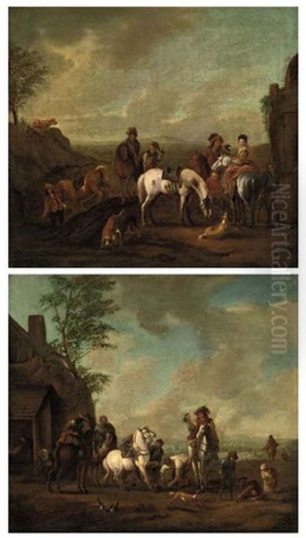 A Hunting Party Stopping At A Blacksmith's (+ A Hunting Party Stopping At A Stream; Pair) Oil Painting by Carel van Falens