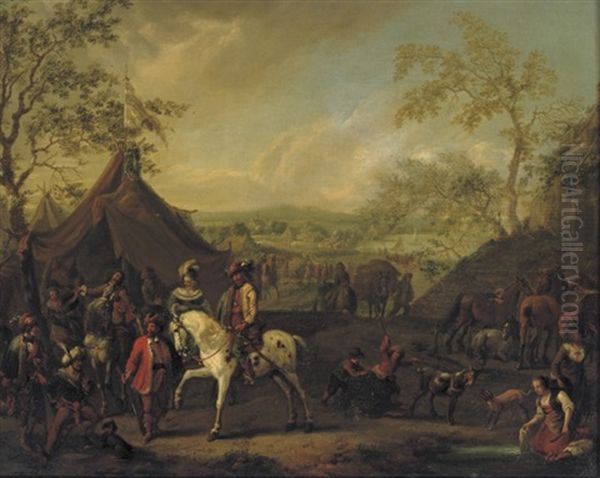 An Elegant Company On Horseback By A Camp In A Wooded Landscape Oil Painting by Carel van Falens