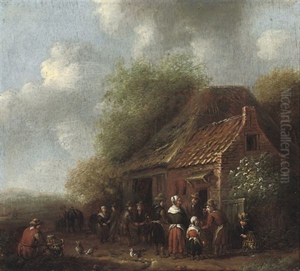 Peasants Outside An Inn Oil Painting by Carel van Falens