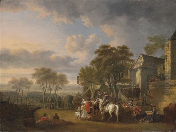 Cavalrymen At Rest By An Inn, A Military Encampment Beyond Oil Painting by Carel van Falens