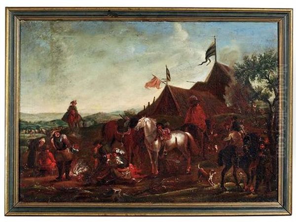 Feldlager Mit Soldaten Beim Wurfelspiel (+ Feldlager Mit Soldaten Am Lagerfeuer; Pair) Oil Painting by Carel van Falens