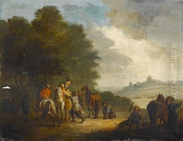 An Elegant Hunting Party In A Landscape Oil Painting by Carel van Falens