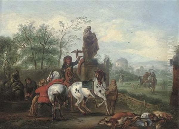 A Hawking Party At Halt By A Statue Oil Painting by Carel van Falens