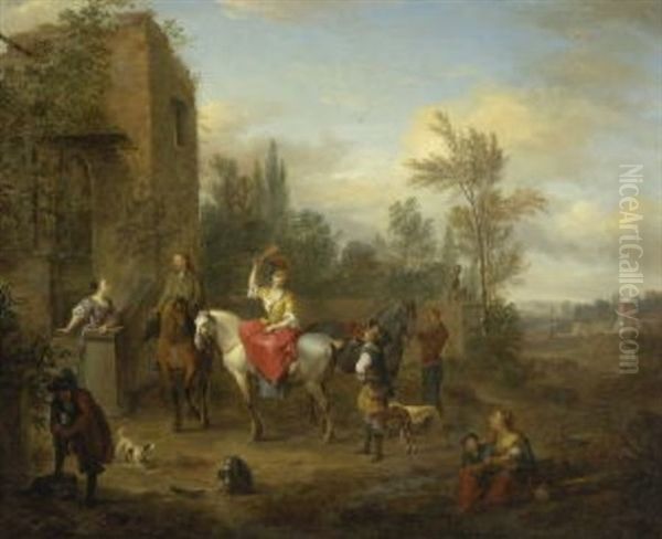 Rastende Jagdgesellschaft Bei Einem Bauernhaus Oil Painting by Carel van Falens