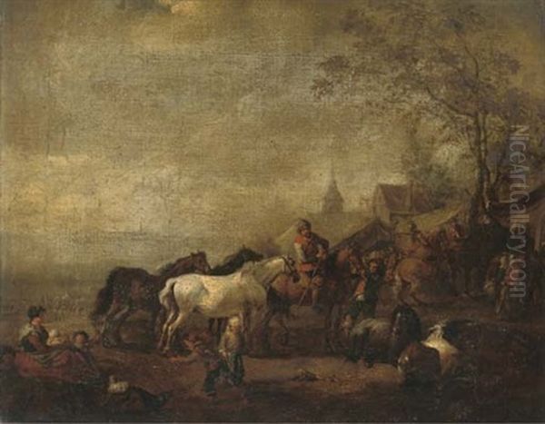 An Encampment With Officers On Horseback Oil Painting by Carel van Falens