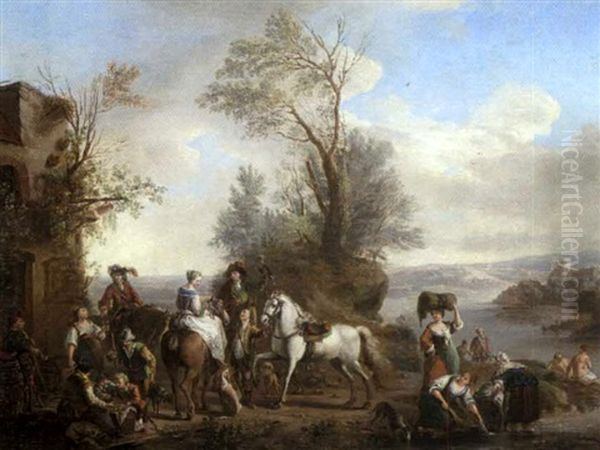 Paysage Fluvial Avec Lavandieres Et Chasseurs Faisant Une Halte Oil Painting by Carel van Falens