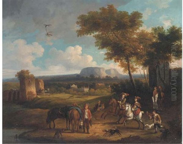 A Broad Landscape With A Hawking Party Oil Painting by Carel van Falens