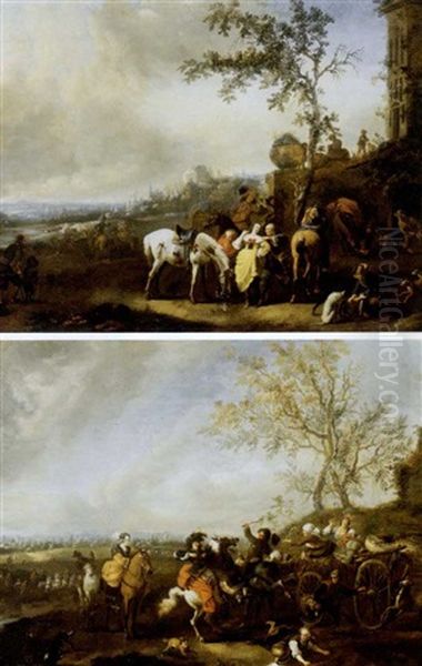 Le Depart Pour La Chasse (+ Dispute Entre Des Cavaliers Elegants Et Des Paysans Se Rendant Au Marche; Pair) Oil Painting by Carel van Falens