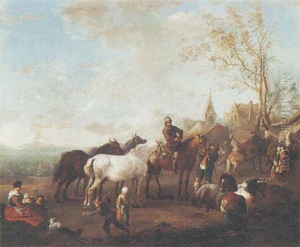 Figures And Horses In A Landscape Oil Painting by Carel van Falens