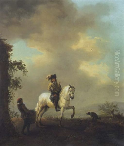 Falkner Zu Pferd Im Gesprach Mit Einem Reisigsammler Oil Painting by Carel van Falens