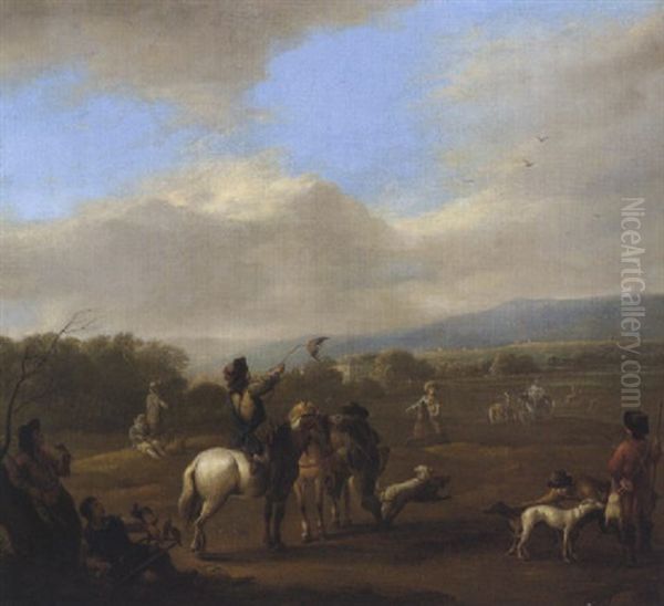 Elegante Reiter Auf Der Falkenjagd Oil Painting by Carel van Falens