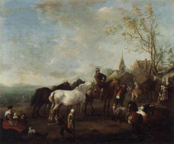 Figures And Horses In A Landscape Oil Painting by Carel van Falens