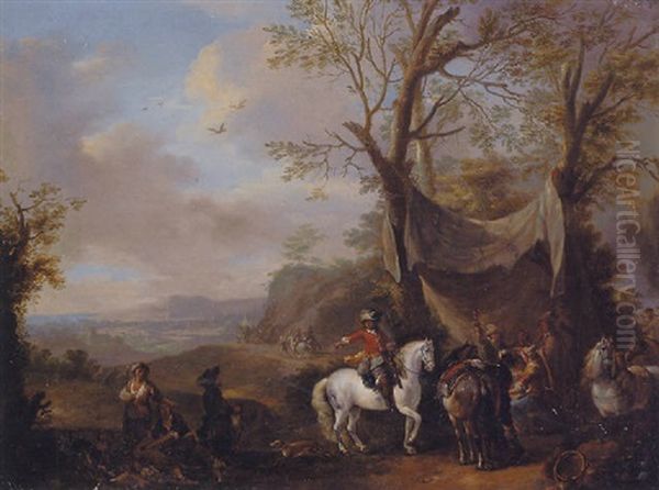 An Extensive Landscape With A Hunting Party Taking Refreshment Under An Awning Oil Painting by Carel van Falens