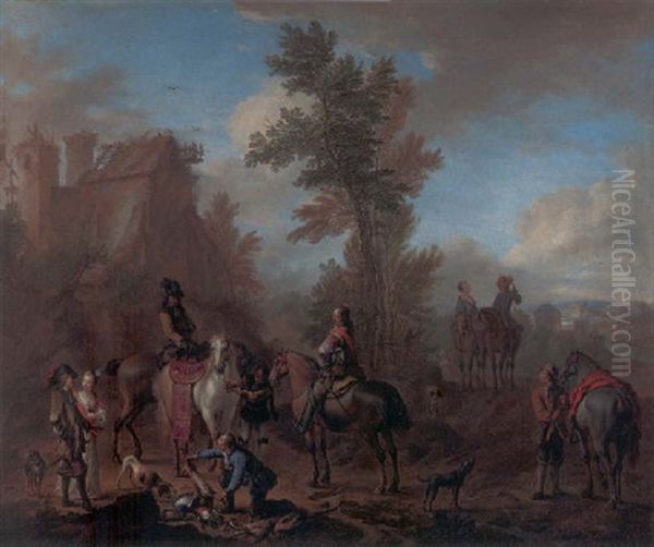 A Hunting Party Halting After The Chase Oil Painting by Carel van Falens