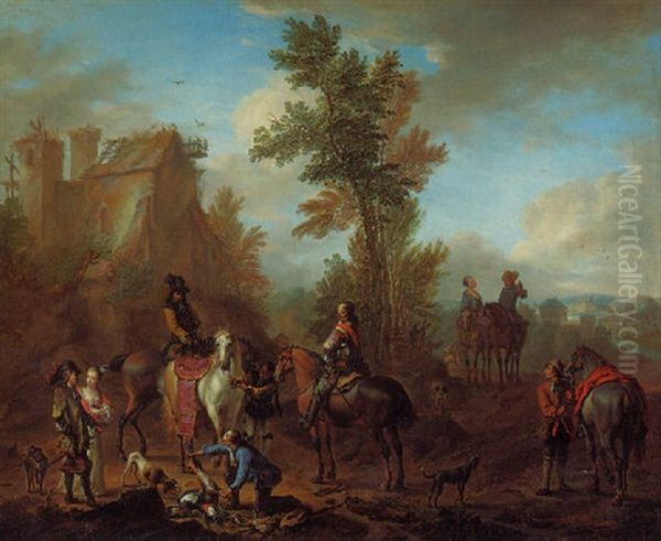 A Hunting Party Halting After The Chase Oil Painting by Carel van Falens