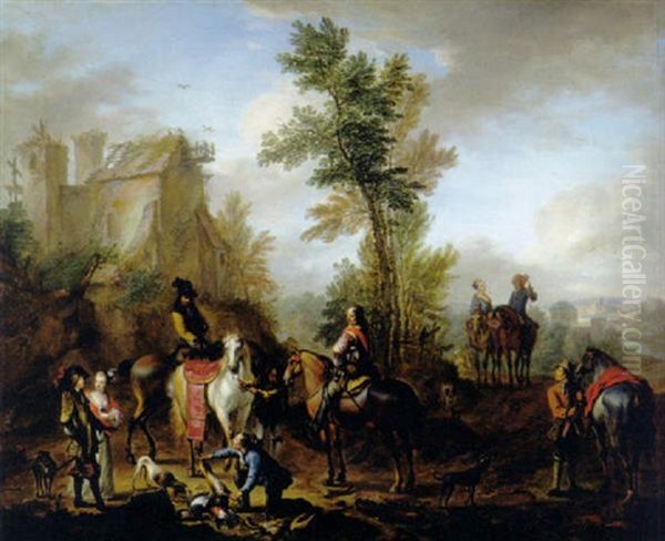 A Hunting Party Halting After The Chase Oil Painting by Carel van Falens