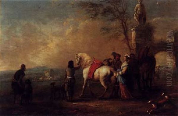 Horsemen Standing Outside A Grotto Oil Painting by Carel van Falens