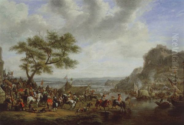 Feldlager An Einem Flus Mit Zelten, Schiffen Und Vielen Soldaten Oil Painting by Carel van Falens